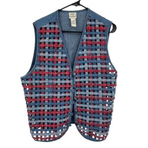 Cottagecore Woven Denim Vest Patchwork Plaid 16W Artsy Blue Americana Folk
